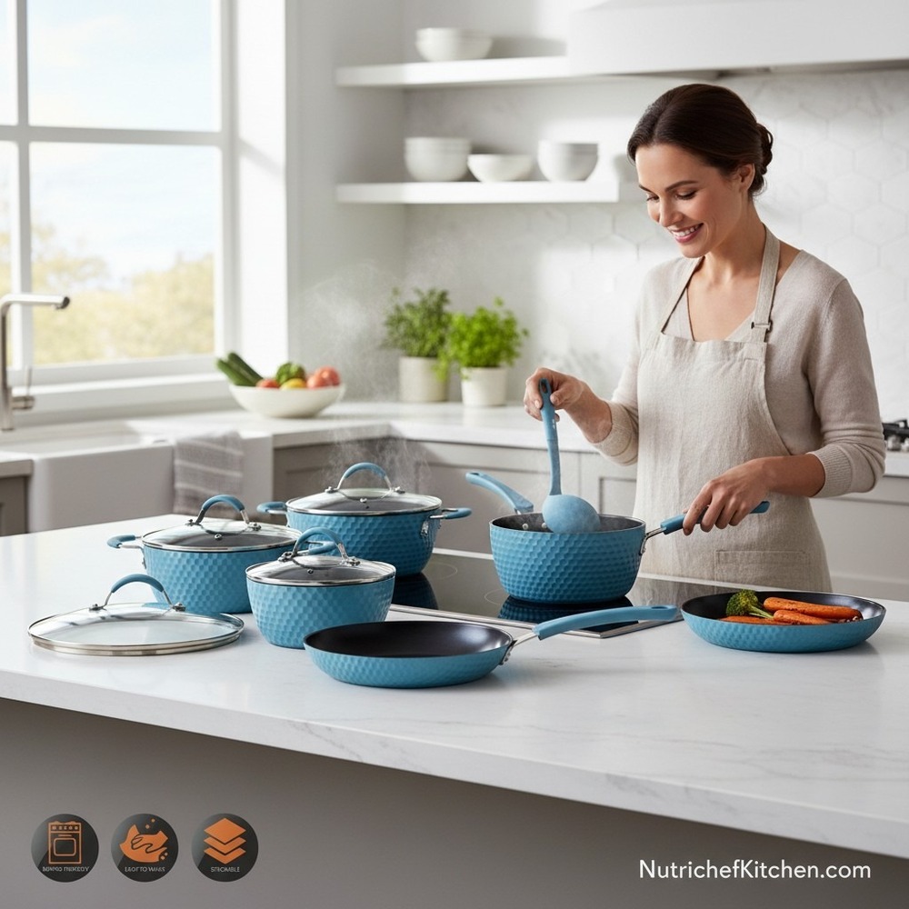 NutriChef 11pc Cookware Set Blue Diamond Ceramic Nonstick NCCW11BD Brand New
